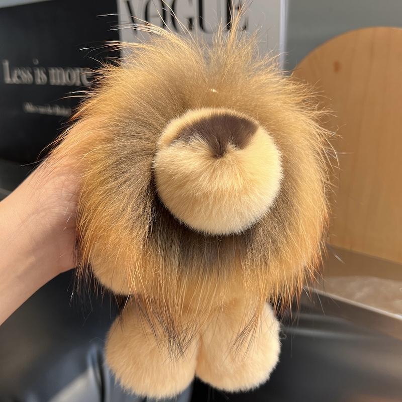Cute Lion Real Rex Rabbit Fur Keychain Plush Toys Trinkets Women Bag Ornaments Pendant Car Keyring Rearview Mirror Decoration