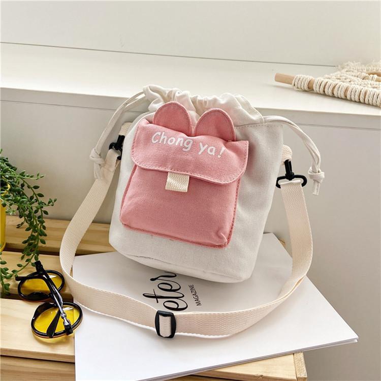 Cute Small Canvas Bucket Bag With Drawstring Closure For Daily Use Girls