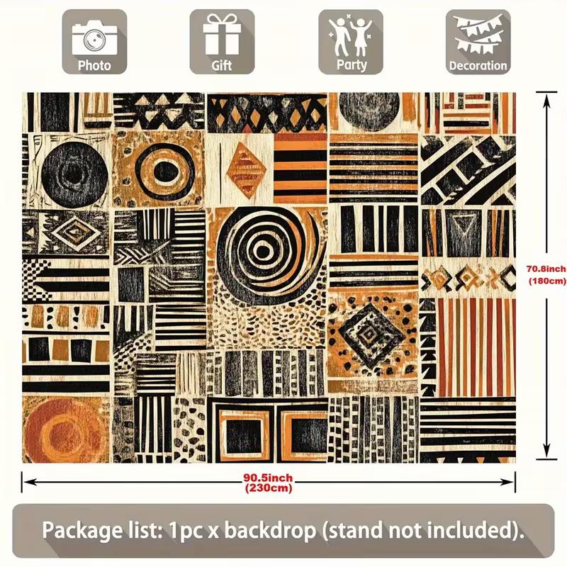 2D Flat Print African Tribal Tapestry with Geometric Patchwork, Black Orange Beige Mud Cloth Design