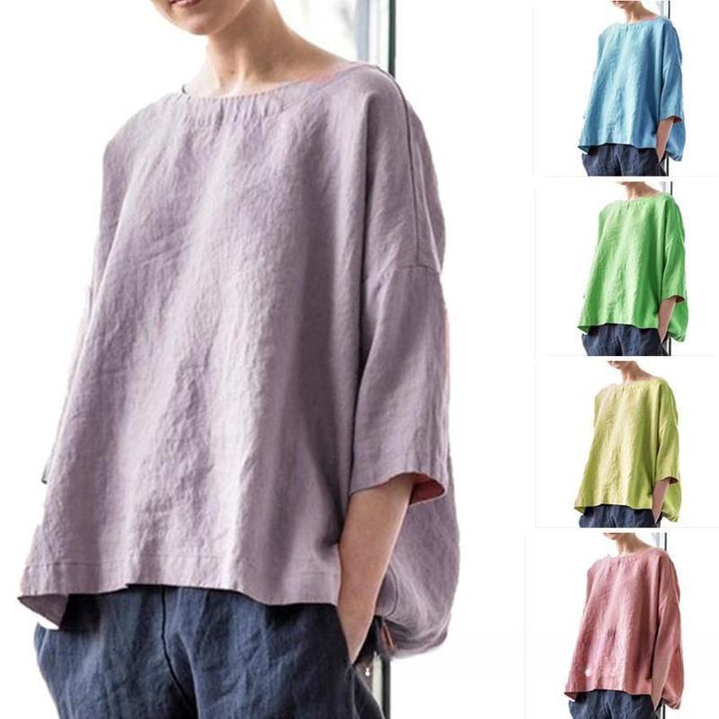 Round Neck Cotton and Linen Loose Top, Versatile and Versatile Cover Up, Women's Top