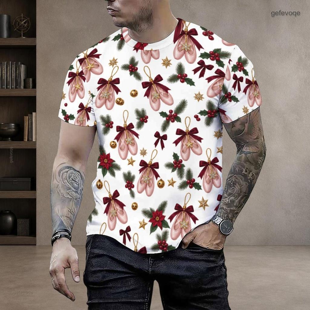 Men Plus Size Round Neck Short Sleeve T Shirt Christmas Teddy Bear Printed White Pullover