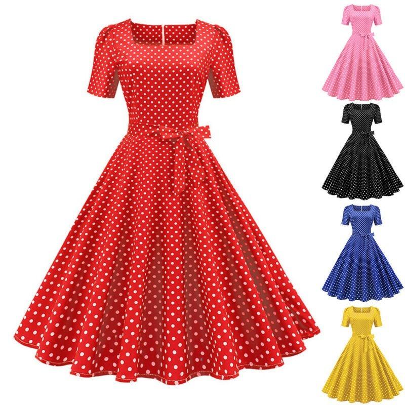 Rochie de femeie cu mânecă scurtă cu mâneci scurte cu buline, cu decolteu pătrat, slim fit, rochie de petrecere leagăn, cu cureaua, pe plajă