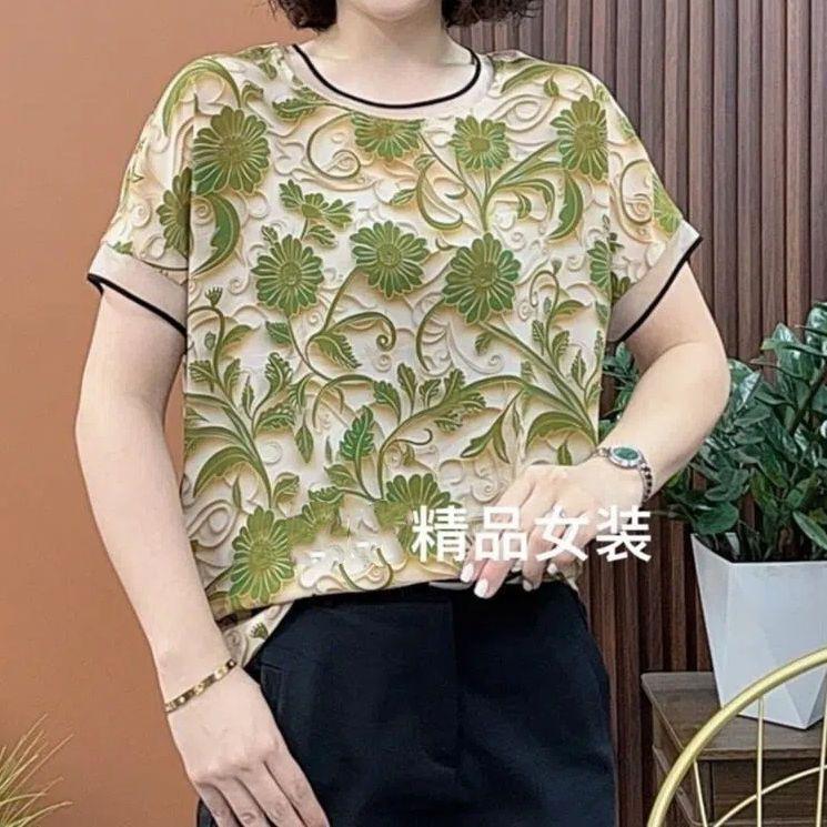 

Crew neck short sleeve printing loose temperament light breathable bottoming shirt summer new women s fashion 4XL зелений