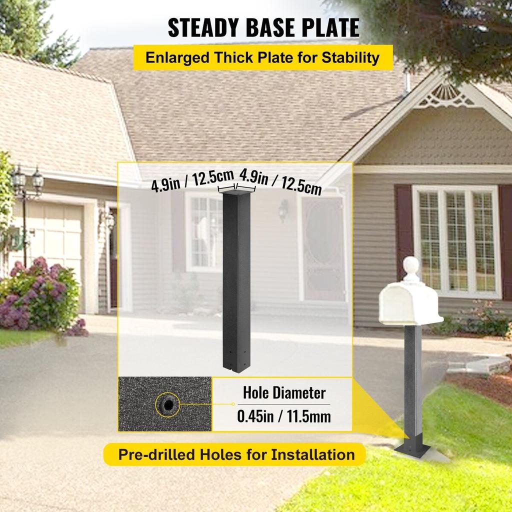 Mailbox Post, 43\" High Mailbox Stand, Black Powder-Coated Mail Box Post Kit, Q235 Steel Post Stand Surface Mount Post for Sidewalk and Street
