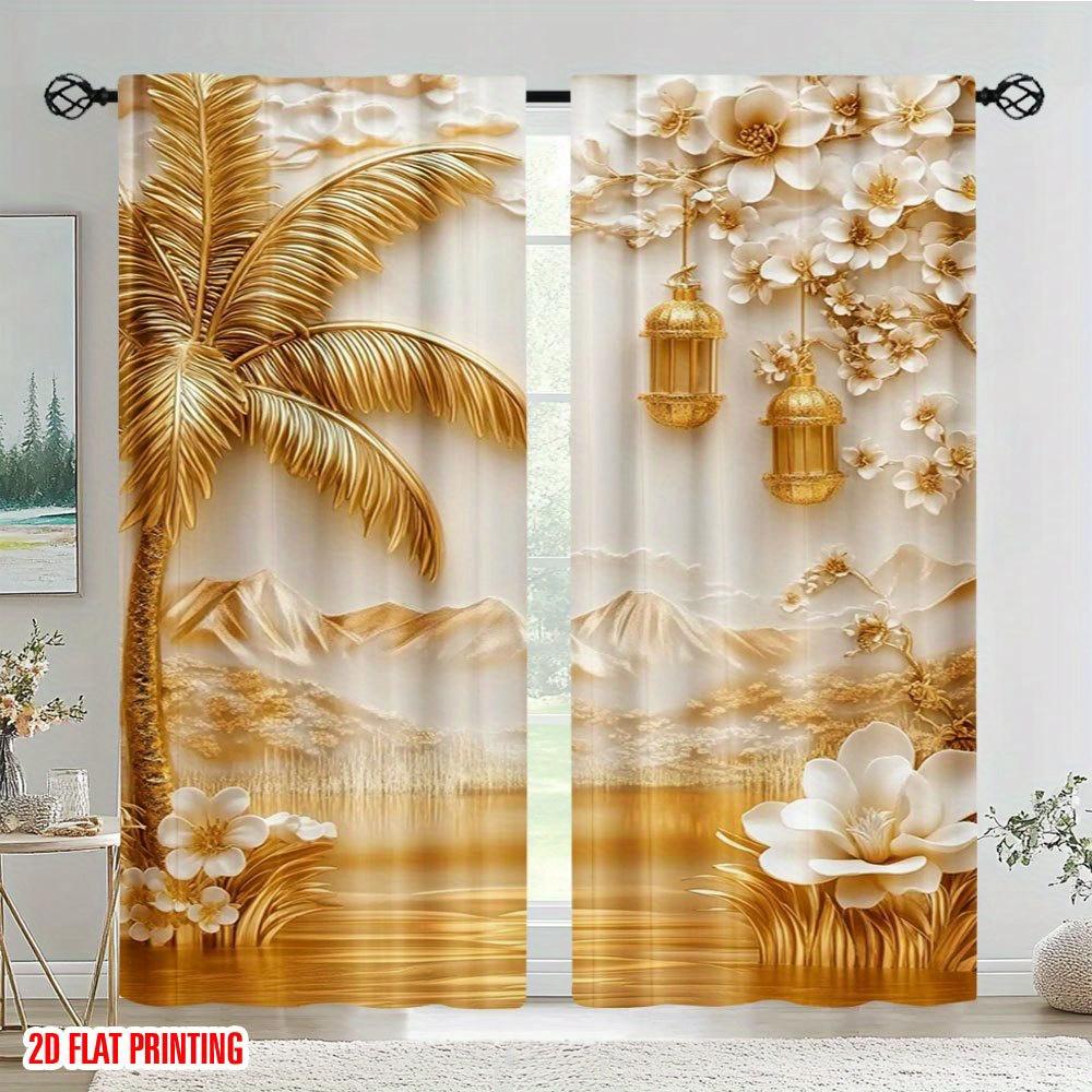 

Light Filtering Flat Golden Oasis Decor Curtains Gold Tropical Palm Tree Design Living Room Bedroom Office Curtain Set Of 2 Elegant Made Polyester W100*H70(CM)-Grommet top&1PCS