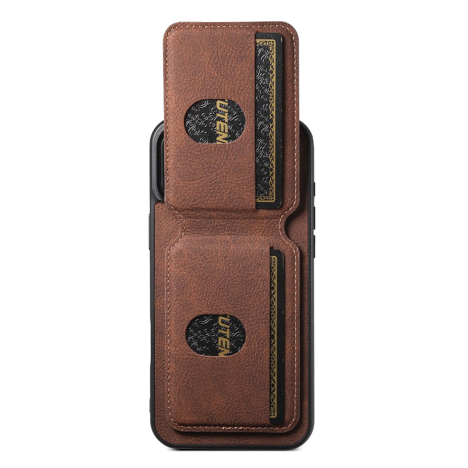 

SUTENI H02 For iPhone 16 Case Card Slots Kickstand Litchi Texture Leather+TPU Cover Brown