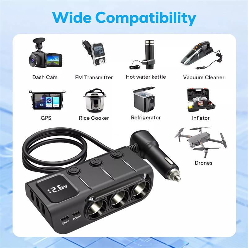 120W 3 In 1 Three Usb Socket Car Cigarette Lighter Adapte 12V 24V Splitter Led Fast Charger Plug Adapter For Iphone Gps Dashcam