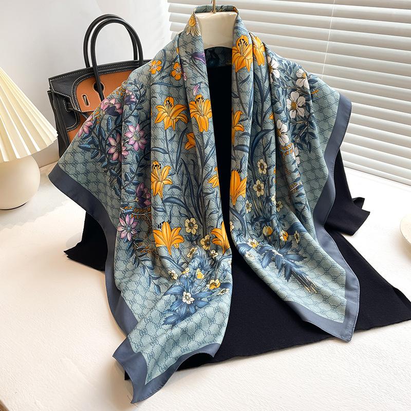 Headscarf Printed Twill Silk Large Square Scarf Small Fragrant Silk Scarf Women'S Anti-Sun Scarf Decorative Scarf Shawl 90Cm