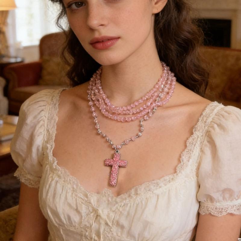 Trendsetting Beaded Crucifix Necklace For Women Adjustable Length Clavicle Chain Suitable For Everyday Styling