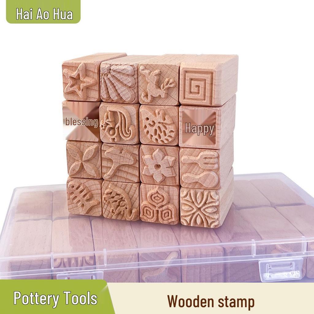 16-Piece Solid Wood & Ceramic Sculpture Tool Set: Mooncake Texture Mold Stamps - Creative Shapes