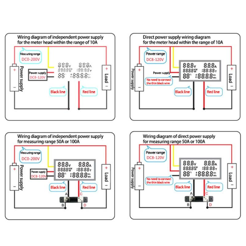 Digital LCD Voltmeter Ammeter 10/50/100A Current Power Energy Meter 0-200V 10/50/100A  DC Multifuntional Tester