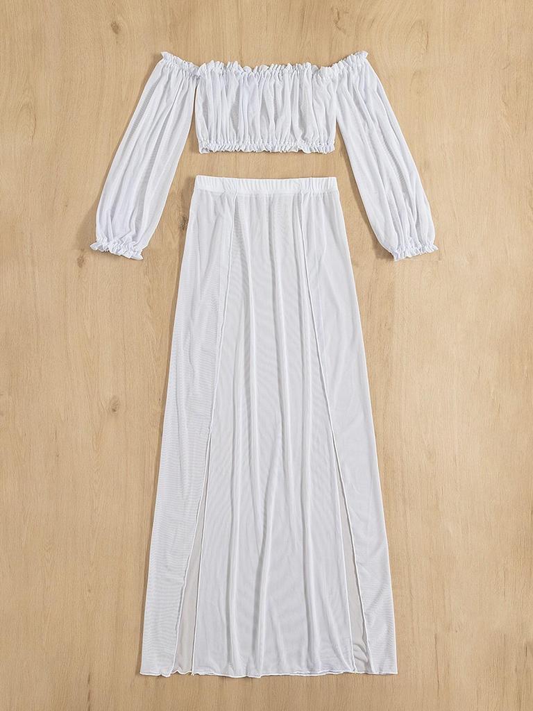 Women's European & American Off-Shoulder Swimsuit Cover-Up: Long Sleeve, High Slit Skirt, Two-Piece Set