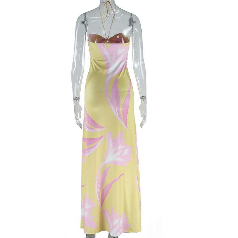 

Женское модное платье-халтер с цифровым принтом, облегающее платье-трапеция с завязками на талии и рукавами L жёлтый