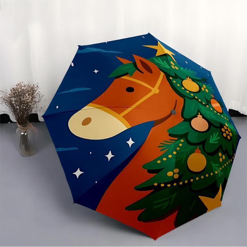 1pc Christmas Horse Automatic Folding Umbrella, 8-Rib Durable Iron Frame, Compact Travel Umbrella for Women & Men 126