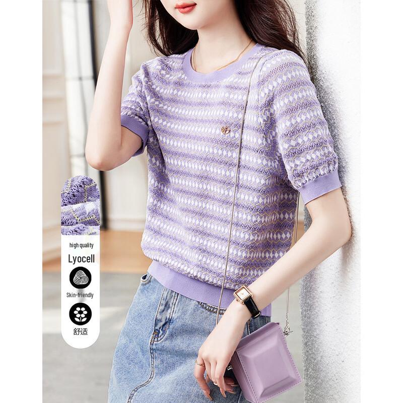 Demanar Women s Striped Short-Sleeve Knit Top S