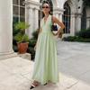 Pure cotton long dress, European, American spring and summer waist V-neck strap long dress, big swing dress women