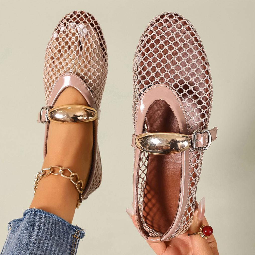 Women's Summer Ballet Flat Sandals Hollow Mesh Breathable Slip On Buckle Closure Comfortable Casual Shoes