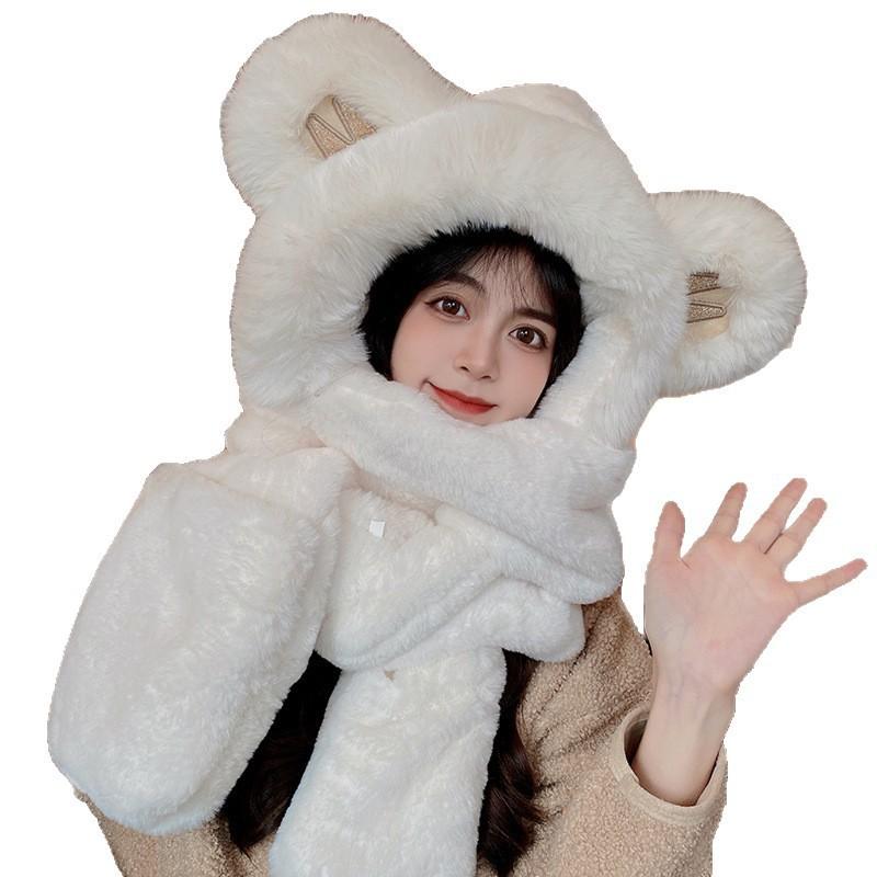 Cute Little Bear Thickened Warm Scarf Hooded Scarf Winter Gloves Three piece Hat for Women