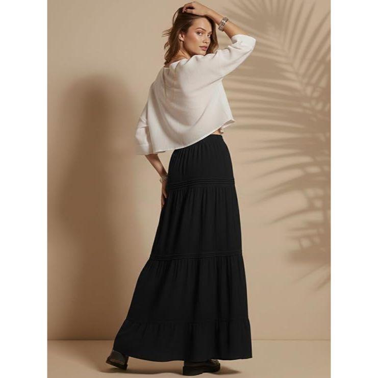 Jupe Maxi d'Été pour Femme à Volants sur l'Ourlet en PolyMélange | Jupes Longues Taille Haute | Jupe Unie Fluide Coupe A pour Toutes les Occasions | Style Bohème Élégant