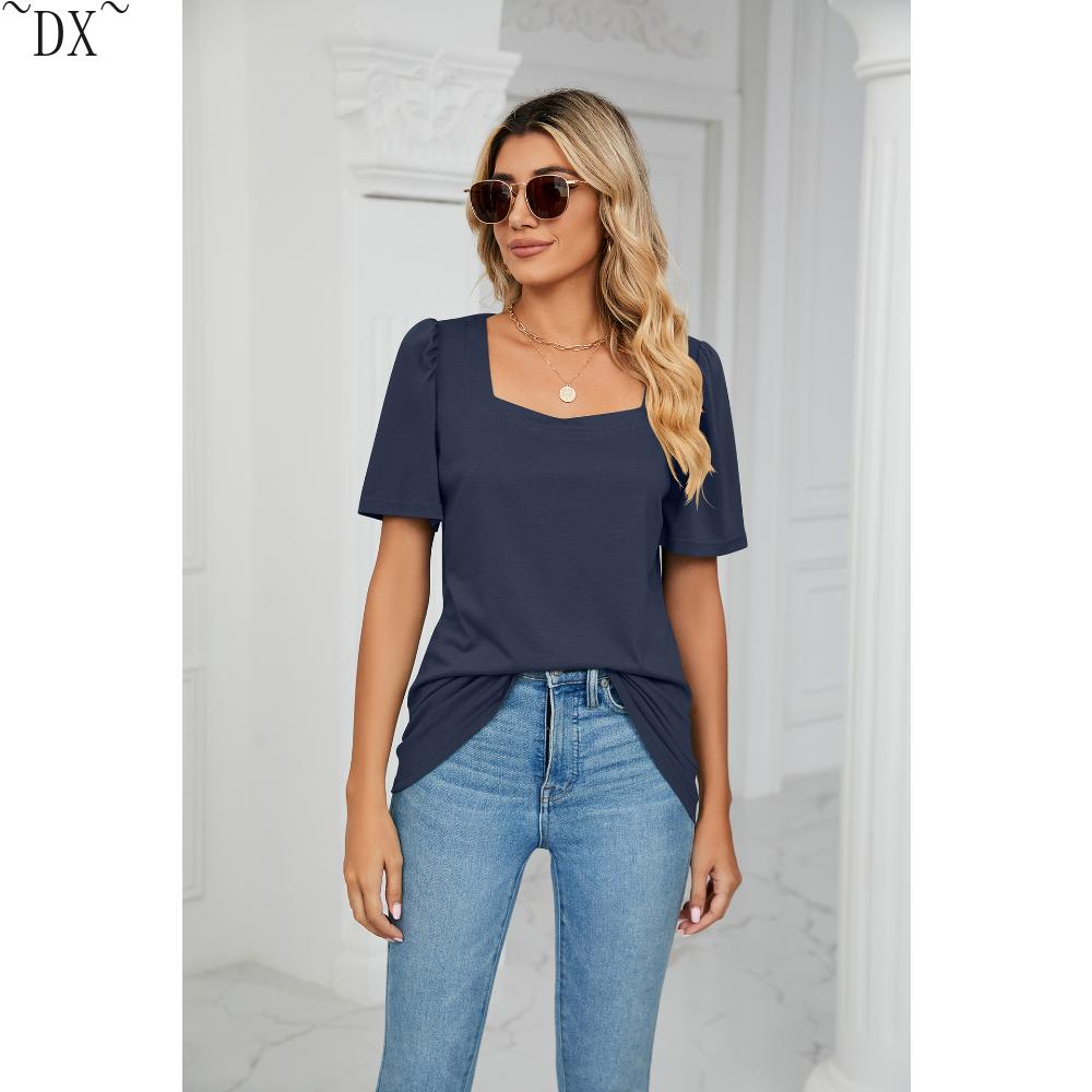 DX~~ Весенне-летняя новая однотонная свободная футболка с квадратным воротником — фото 19