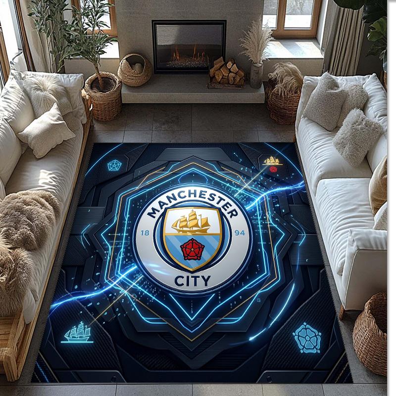 Manchester City Printed Flannel Area Rug Non Slip Soft Polyester Floor Carpet Indoor Decor Mat for Bedroom Living Room Sofa