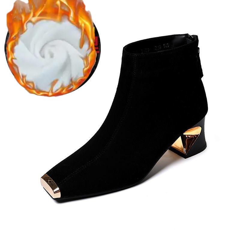 

New Women s Retro Square Toe Suede Ankle Boots - Metal Toe Back Zipper Chunky Heel Boots Design Autumn Winter 40