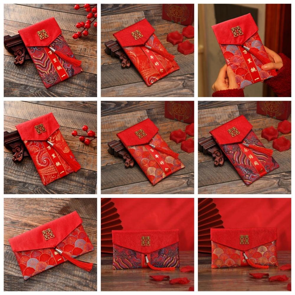New Year Blessing Words 2025 Money Pocket Brocade Cloth Tassel New Year Money Bag Chinese Wedding