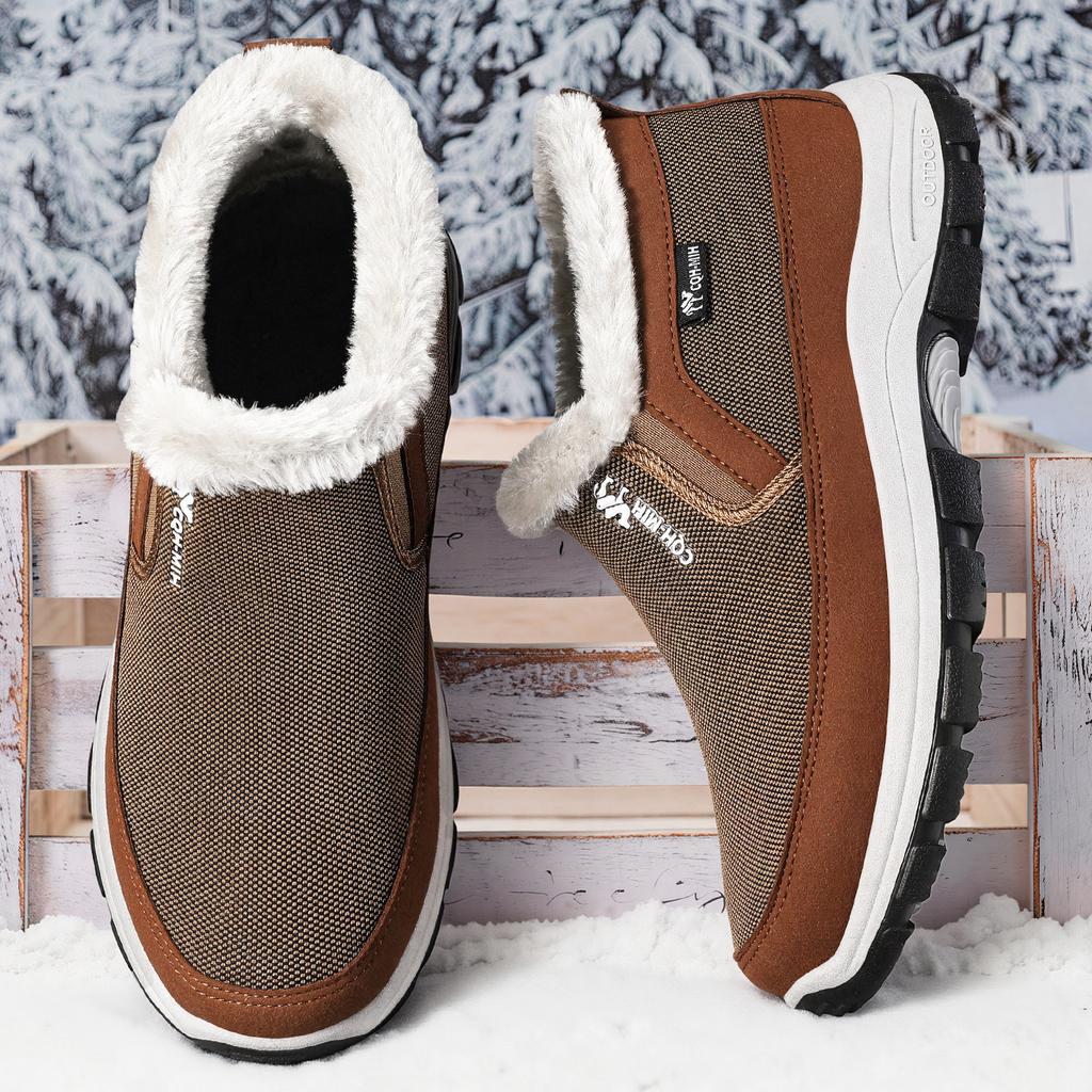 Winter Men Fleece Lined Slip On Shoes, Warm Fabric Upper Soft Sole Cold Proof Outdoor Casual Footwear