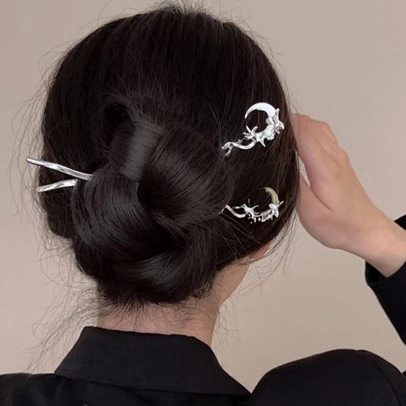 New Black Crystal Moon Hair Stick for Women Vintage Metal Chinese Style Chopstick Shaped Hairpin Headdress Hair Accessories