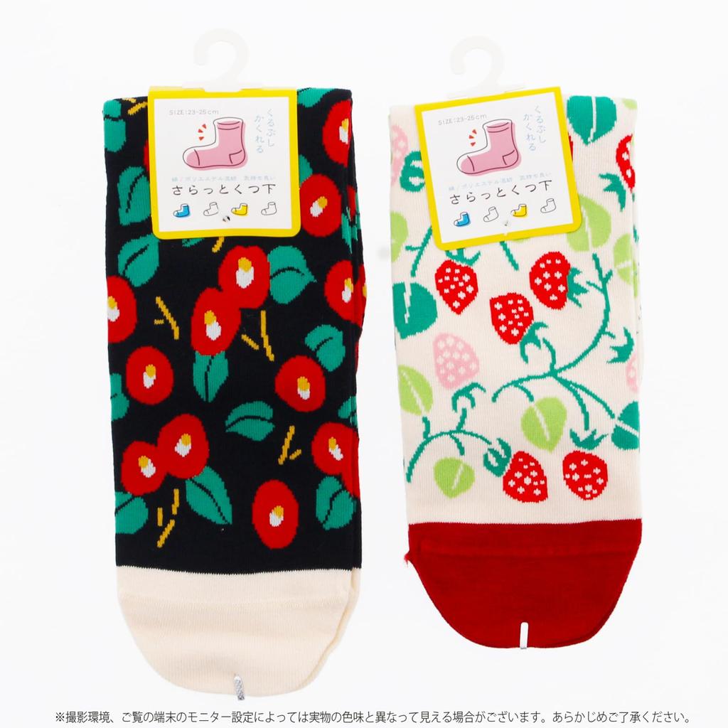 Kyosuke Crew Smooth Sizes Set of 2 Pairs Socks, Socks, Camellia/Strawberry, Black, Pink, 23-25cm,