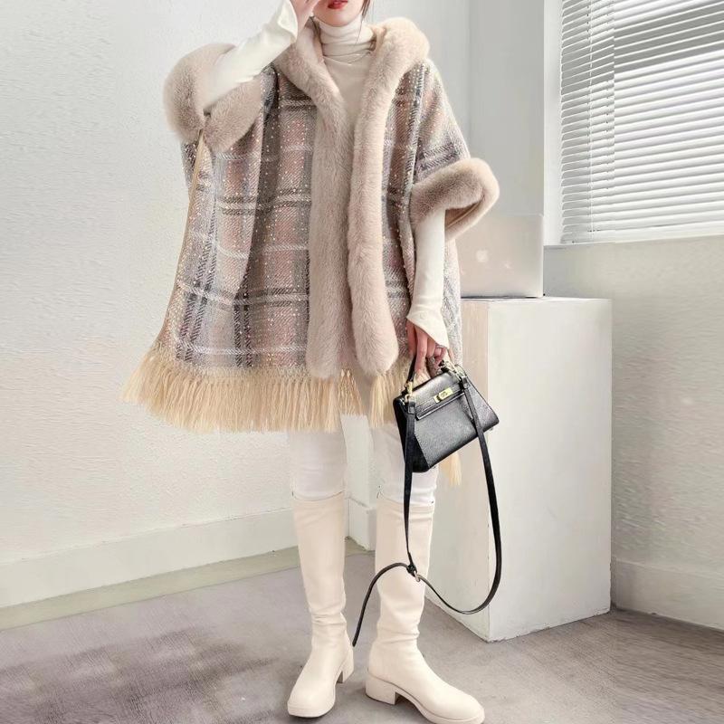 Cloak Shawl Jacket Winter Thickened Sequins Tassel Hooded Fur Collar Wool Jacket 1192 #
