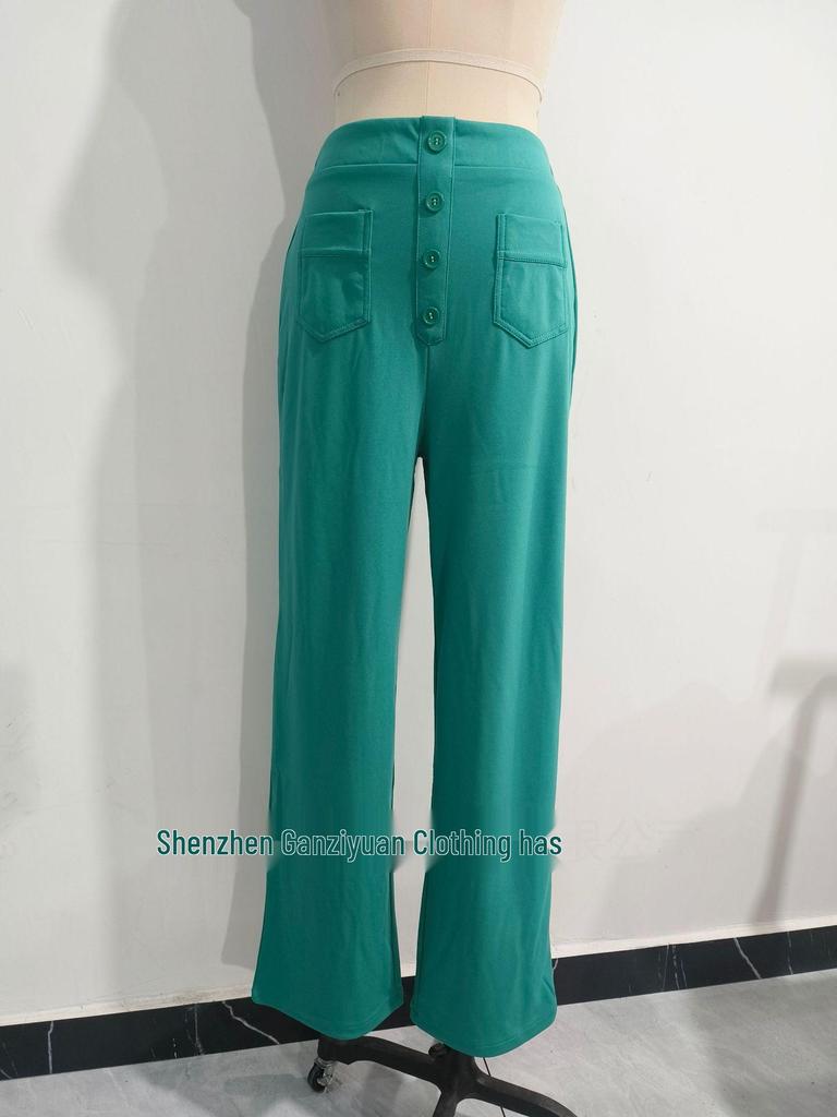 2024 Women's High-Waist Casual Straight Pants with Elastic Belt & Multiple Pockets