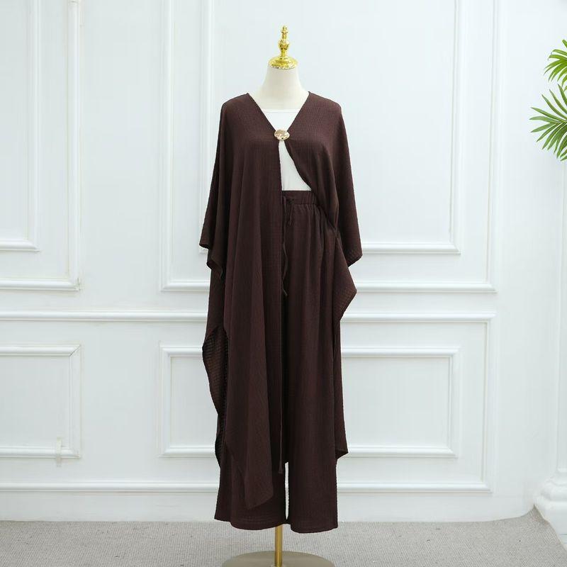 

Middle East Dubai Pure Color Buckle Cardigan Top Two-Piece Pants Cardigan Top and Pants Set Brown XL