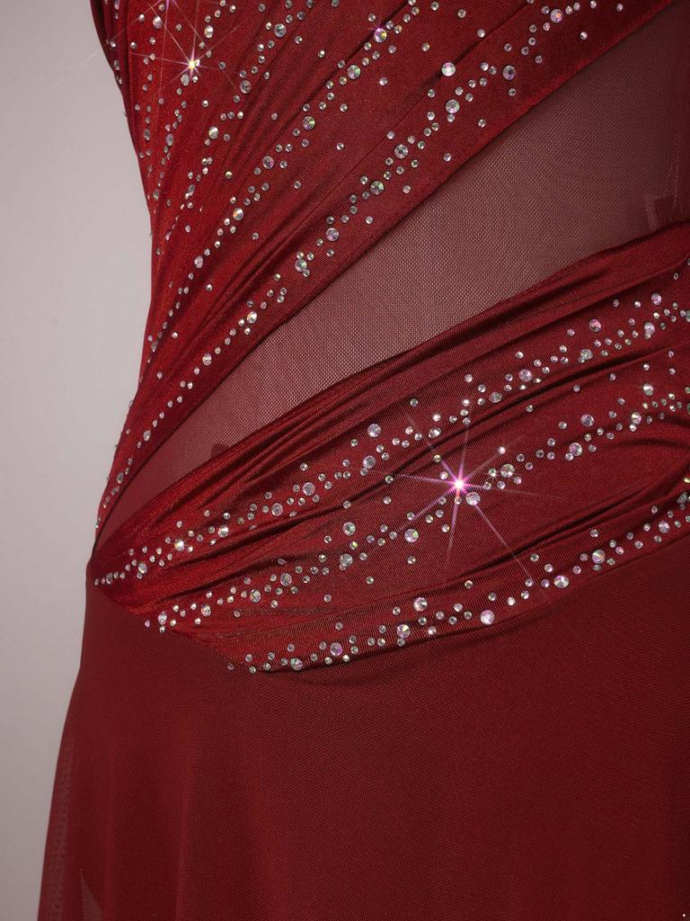Womens Gymnastics Ballet Lyrical Dance Leotard Dress Rhinestone Embellished Mesh Skirt Dress Modern Contemporary Dance Costume