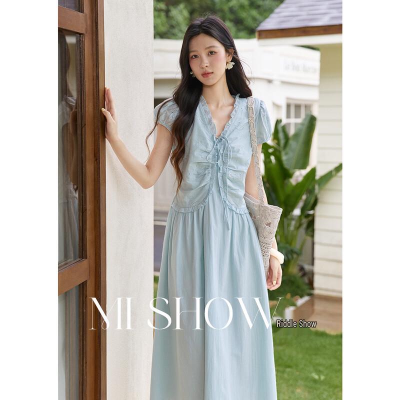 Mixiu Women s Ruffled V-Neck Cotton Summer Dress L