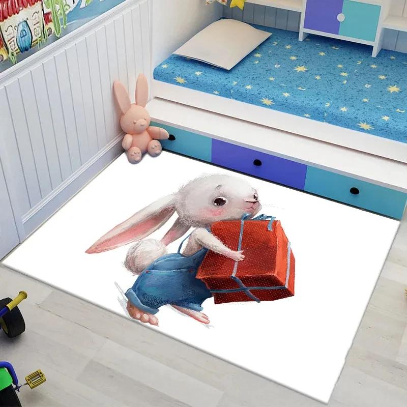 Bunny Carpet For Easter Living Room Decor Lovely Cartoon Rabbit Print Crawling Mat Doormat Area Rug Bedroom Bathroom Floor Mats