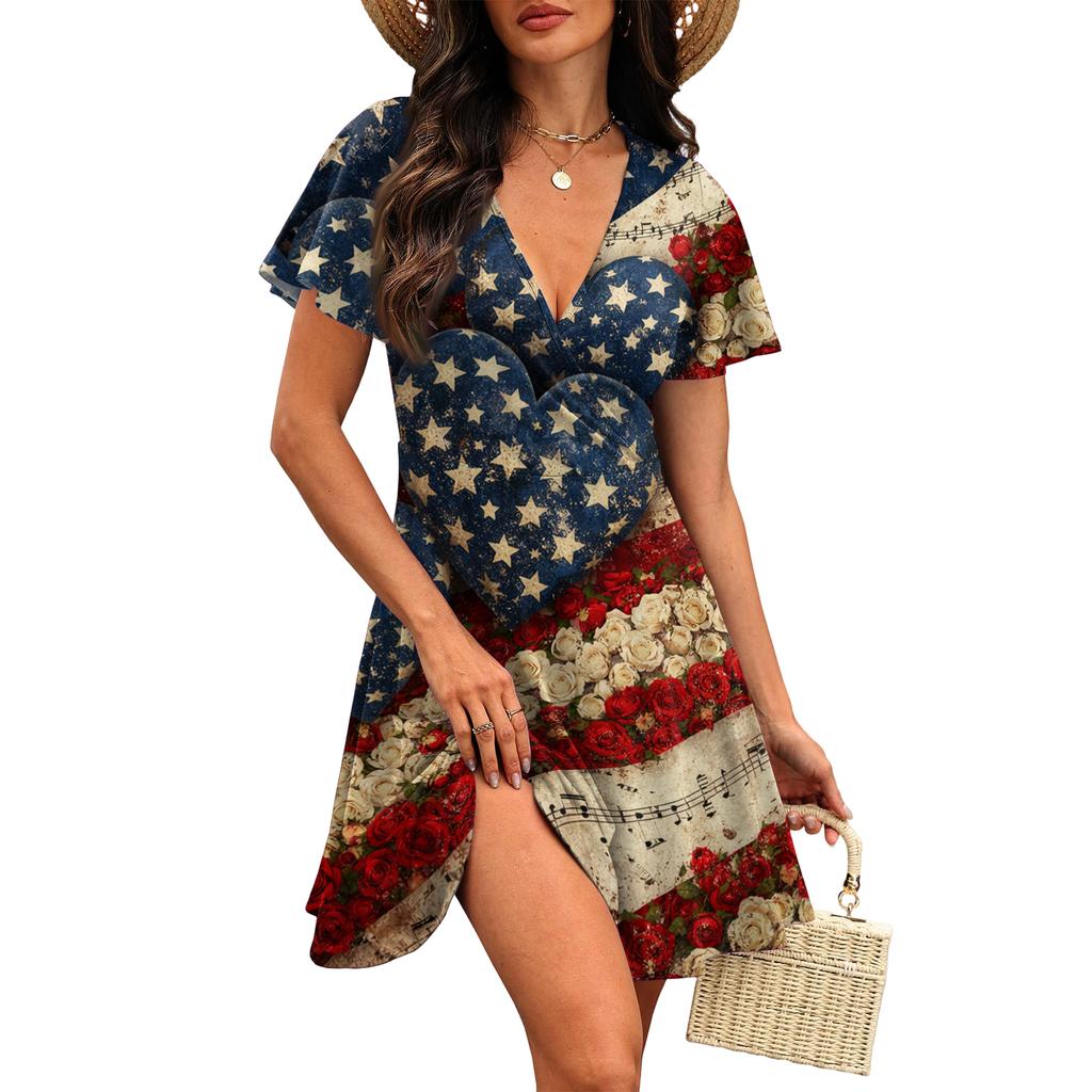 Short Sleeve V Neck Casual Dress with Flag and Floral Print Soft Lightweight Fabric Comfortable Fit