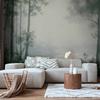 Wallpaper - Retro Landscape - Grove of Trees and Pond In Patinated Shades of Green / Grove and Pond In Patinated Green