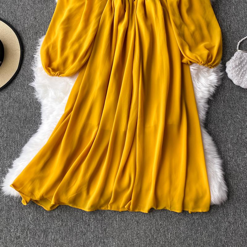 Gentle Style Dress Autumn SpringNew Female French Retro Square Collar Foreign Style Bubble Sleeve Chiffon Dresses