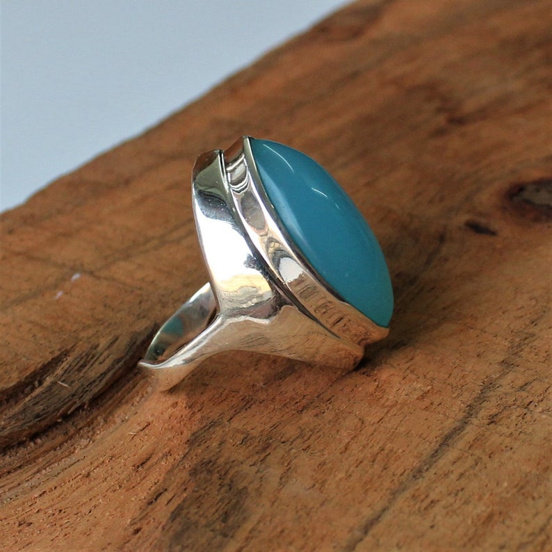 Bague Calcédoine Bleue, Bague en Argent Sterling 925, Bague Pierre Précieuse Faite Main, Bague Pierre de Naissance de Mars, Bague Empilable, Bague Quotidienne, Cadeau Pour Elle,