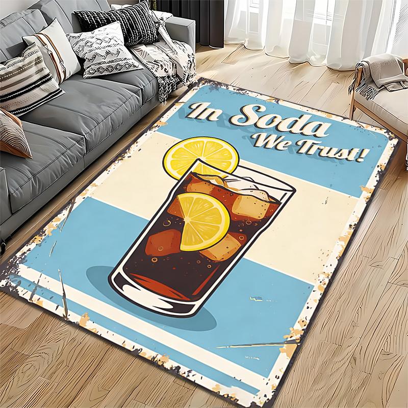 Retro Style Carpet with Soda Glass and Lemon Design Text Print Suitable for Use As an Anti-slip for Living Room Bedroom Sofas