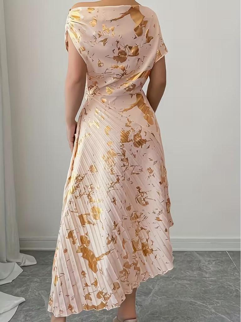 Asymmetrical Shoulder Gold Foil Pleated Dress for Women