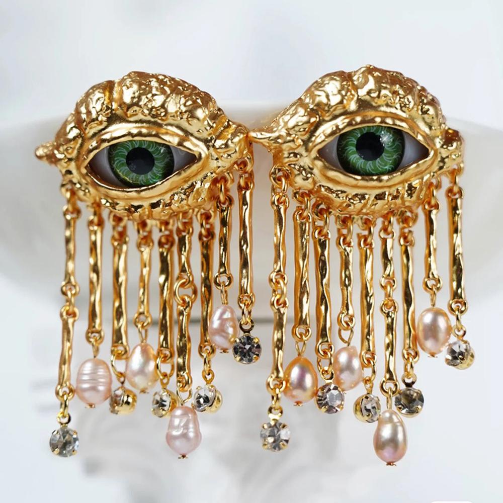 French Retro Unique Personality Exaggerated Eyes And Earrings Pearl Rhinestone Tassel Earrings Women's Jewelry Party Accessories