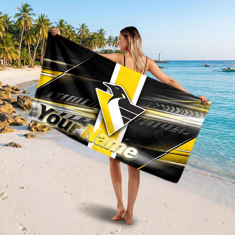 Pittsburgh Penguins Customized Name Text Beach Towel, Soft Absorbent Towel Beach Pool Travel Personal Gift
