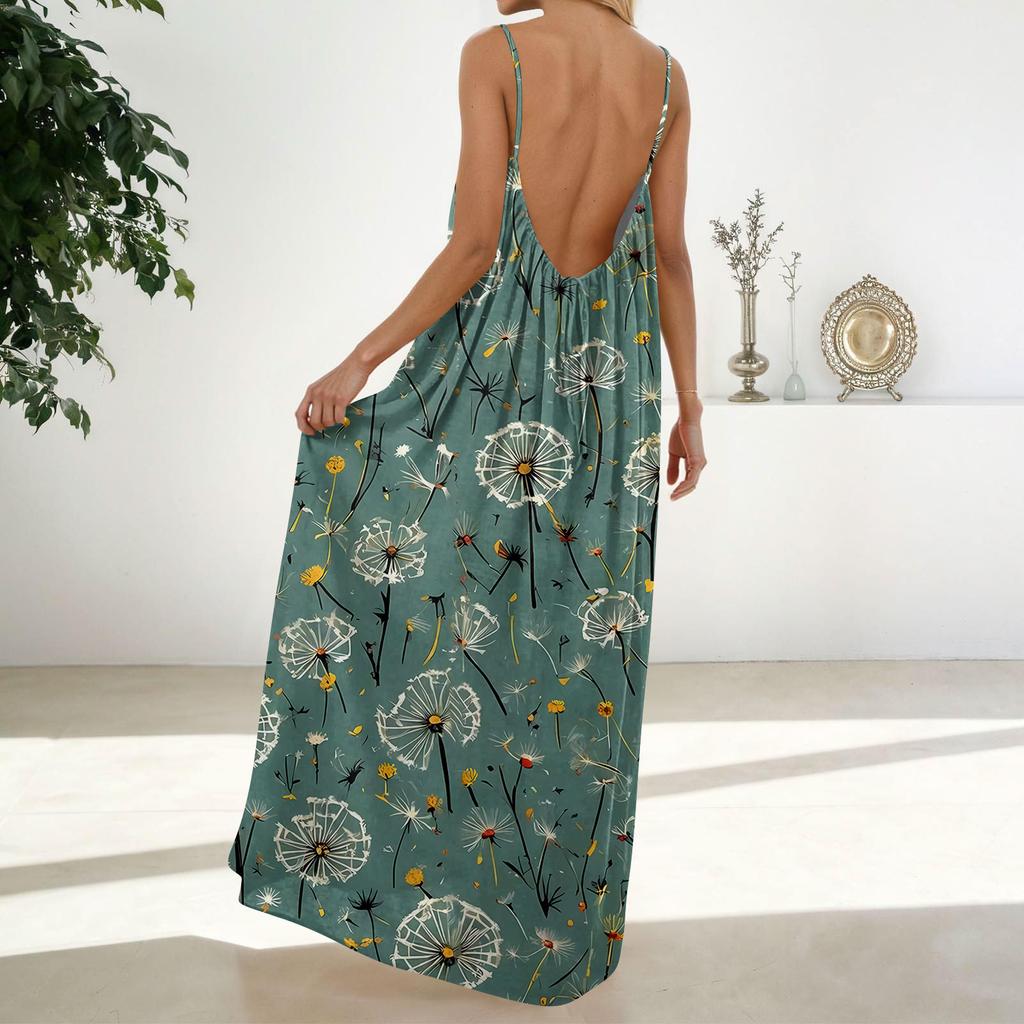 Damenmode Rückenfreies Spaghettiträger Lässiges Lockeres Blumenprint Kleid