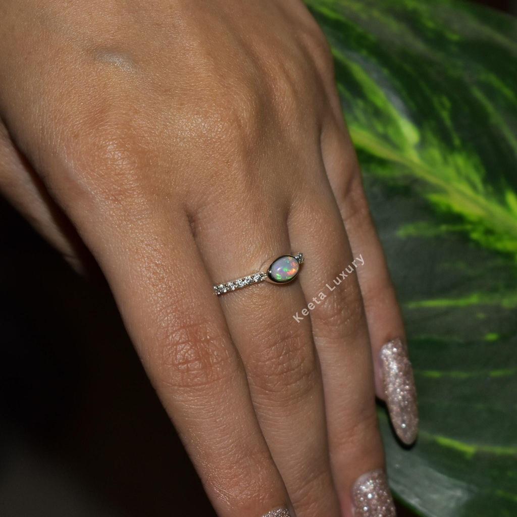 Natural opal ring Opal small Stacking Ring Sterling silver dainty ring for her Minimalist ring Flashy Opal and CZ Ring Bridesmaid Gift