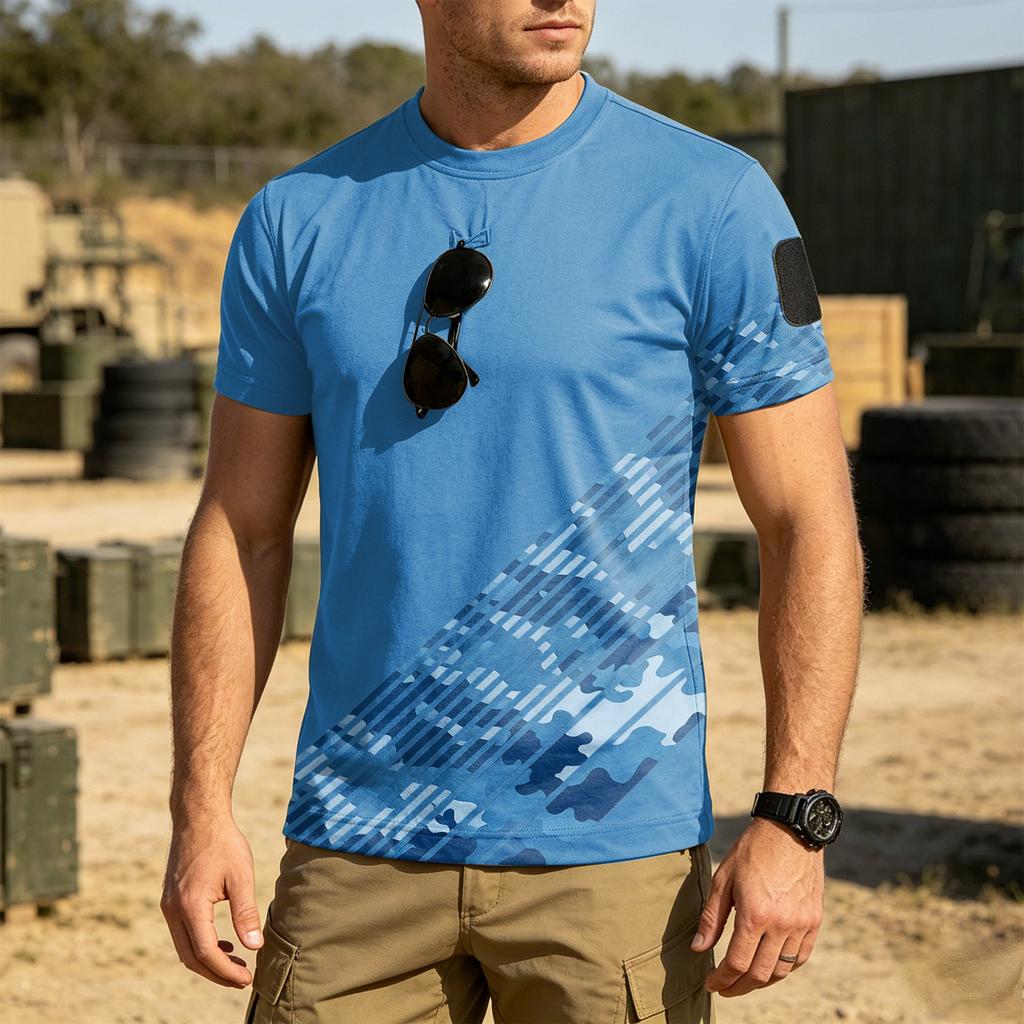 Men's Tactical Outdoor Quick Dry T Shirt Loose Fit Round Neck Breathable Short Sleeve Camouflage Print with Hook and Loop Patch Area