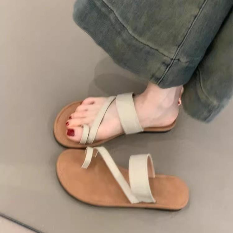 Soft leather version~ outer wear cover toe cool slippers women's ins wind bohemian with skirt flat bottom simple one-word slippers summer