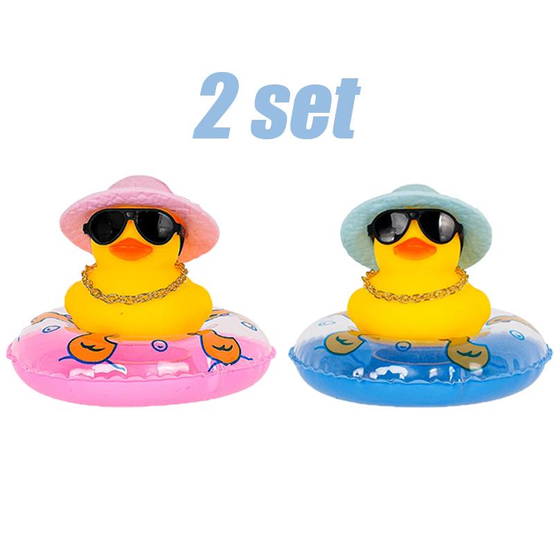 Car Duck Car Rubber Dashboard Decorations Ornament Yellow Rubber Duck with Mini Swim Ring Sun Cowboy Hat Necklace