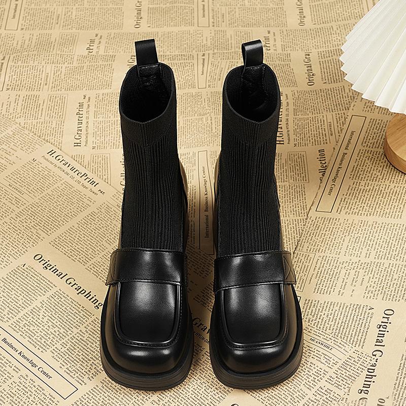 Fashion Women Ankle Boots Splicing Knitting Genuine Leather Thick Heels Shoes Woman Office Lady Working Basic Autumn Winter 2024